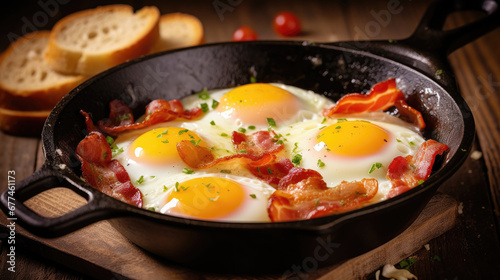 delecious  fried eggs with bacon  in a frying pan, Bacon and eggs in a pan. breakfast food