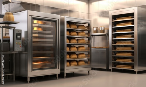 Professional bakery kitchen and stainless steel convection, bread bun in deck oven, freezer, refrigerator, kneading machine, table, cabinet and ingredient for baking business background, Generative AI
