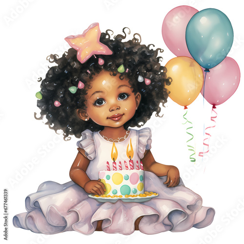 Cute Birthday Baby Girl African American Watercolor Clipart Illustration