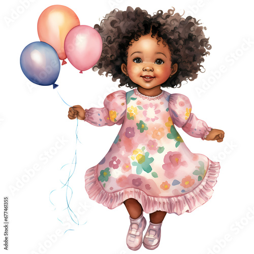 Cute Birthday Baby Girl African American Watercolor Clipart Illustration