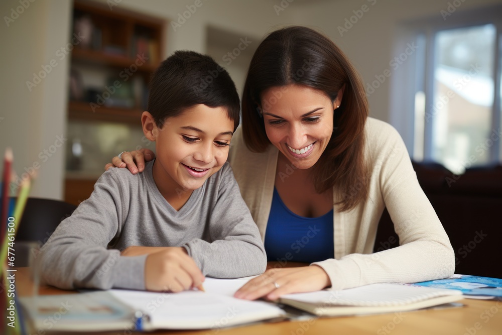 Mom helps son do homework sitting at table writing in notebook right answer. Boy asks mother to help with homework at table with laptop. Mom in cozy modern apartment helps daughter with lessons Mom helps son do homework sitting at table writing in notebook right answer. Boy asks mother to help with homework at table with laptop. Mom in cozy modern apartment helps daughter with lessons