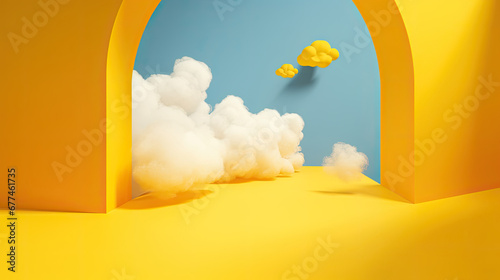 window and clouds, 3d render, abstract minimal yellow background with white clouds flying out the tunnel