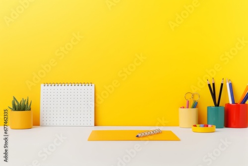 Creative kids office desk mock up with yellow office supplies, Generative AI