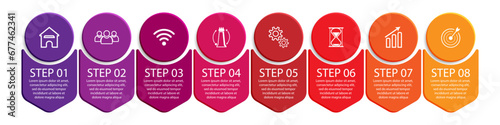 3d vector infographic 8 steps, simple design with various colors connected to each other, there are icons, text and symbols, good for your business presentation, concise and easy