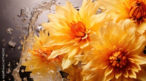 Yellow chrysanthemums on the water surface and falling water drops waves on the background.