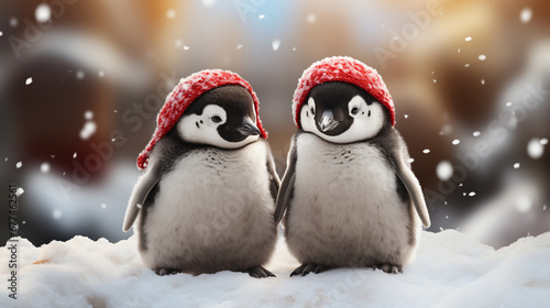 Festive and penguins in Santa Claus Attire for Christmas Celebration.Created with Generative AI technology.