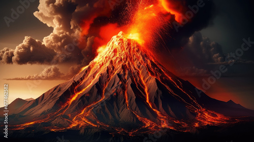volcano eruption with hot lava flow natural disaster, Active Volcano with red Lava 