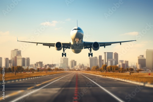 airplane landing airport in modern city