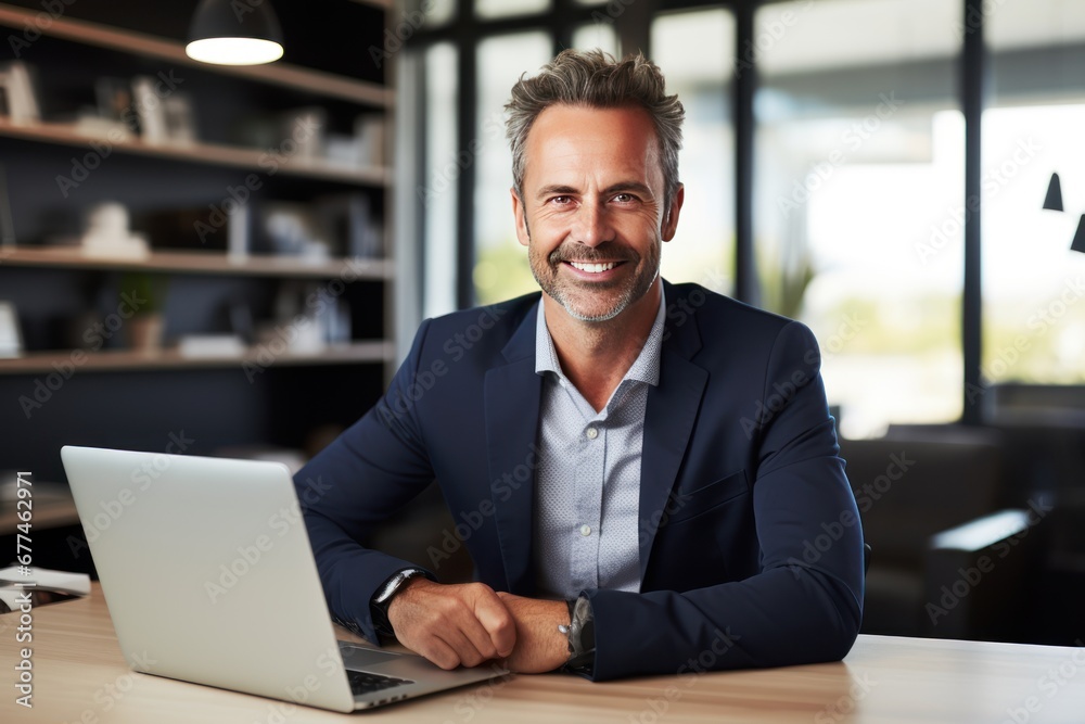 businessman works on a laptop computer. He looks at the camera with a smile.