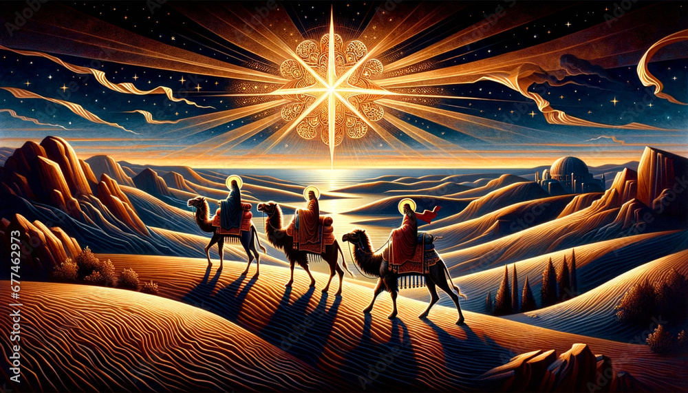 Desert Illumination: Magi Following the Bethlehem Star - obrazy, fototapety, plakaty 