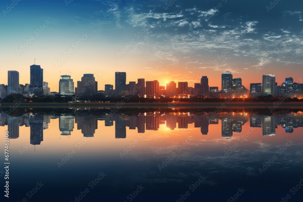 sunrise night to day at city skyline with reflection effect.
