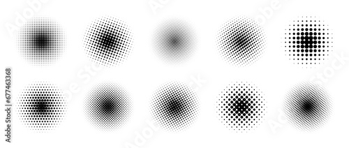 Halftone gradient circles collection. Dots textured round patterns. Cartoon comic radial faded background set. Abstract pixelated elements for frame, poster, collage, banner. Vector bundle. 