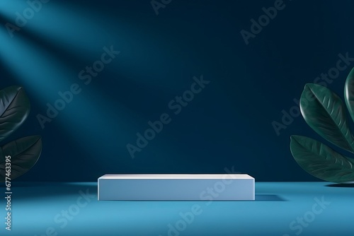 Stage, podium for products or cosmetics against dark blue background with leaves shadows. Product display background, Generative AI
