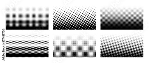 Set of horizontal halftone gradient backgrounds. Cartoon dots texture wallpaper collection. Black and white comic design cover pack for banner, poster, print. Pop art vector illustration bundle