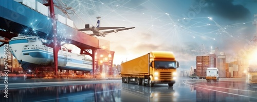 Transportation and logistic network distribution growth. Container cargo ship and trucks of industrial freight for shipping. Business logistic import, Generative AI