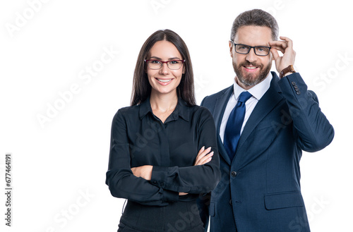 Successful and confident businesspeople in suit. Business man and woman in glasses. Businesspeople look through eyeglasses. Business vision and eyesight. Vision of success. Copy space