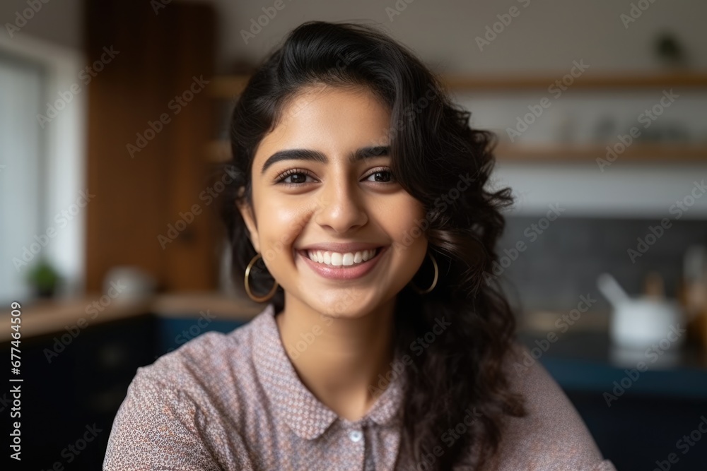 Smiling beautiful young woman sitting at her home kitchen looking at the camera Smiling beautiful young woman sitting at her home kitchen looking at the camera