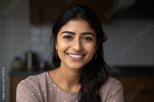 Smiling beautiful young woman sitting at her home kitchen looking at the camera photo