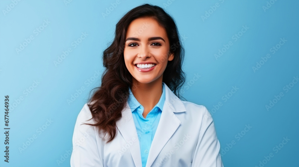 Smiling female doctor standing in front of blue isolated background - ai generative Smiling female doctor standing in front of blue isolated background - ai generative