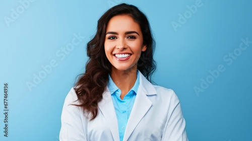 Smiling female doctor standing in front of blue isolated background - ai generative photo