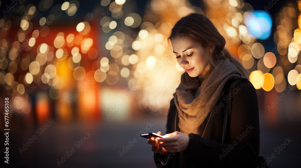 woman checking her smartphone in the night city