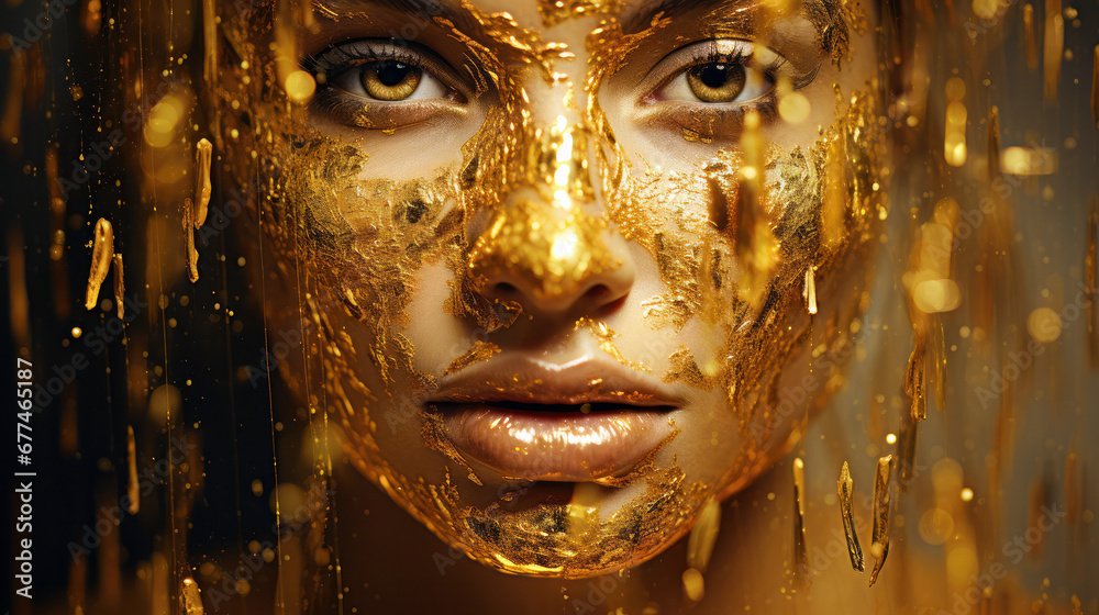 portrait of a person in liquid gold, face covers with liquid glittering gold