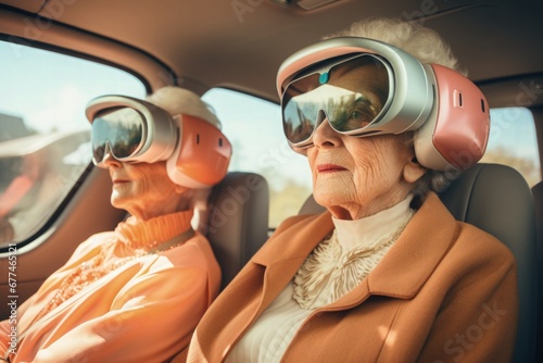 Senior Ladies in Self Driving Car in the Future Artificial Intelligence Concept Futuristic Advanced Technology Technological Breakthroughs	 photo