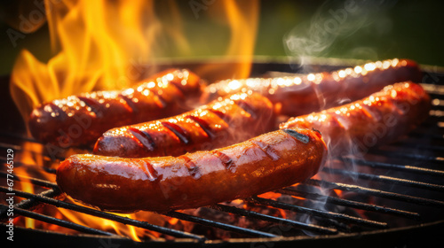 closeup of sausages being cooked on grill