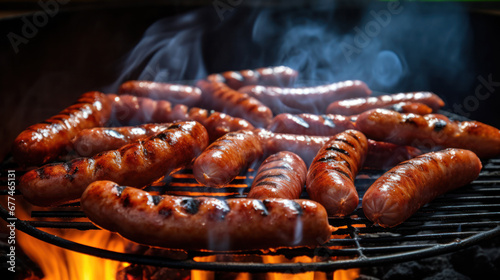 closeup of sausages being cooked on grill