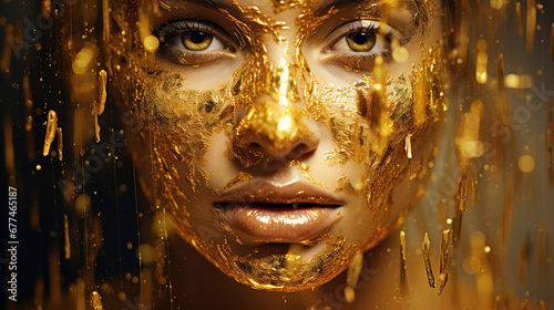 portrait of a person in liquid gold, face covers with liquid glittering gold