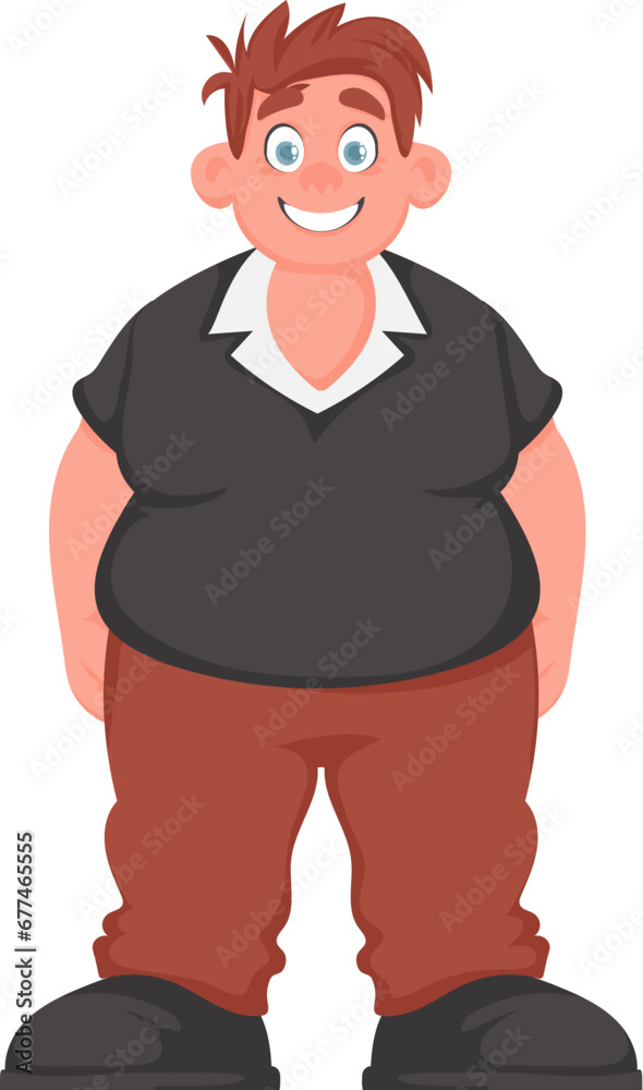 Fat man posing and smiling. Overweight guy is cute, body positivity theme. Cartoon style