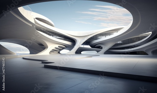 an abstract, futuristic architectural space with flowing organic shapes and smooth surfaces. The structure is comprised of sweeping curves and fluid lines that create an airy, open environment. The de