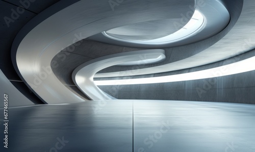 a 3D-rendered space with a futuristic architectural design. It features curving structures with embedded lighting that create a smooth, flowing appearance. The color palette is cool and monochromatic.