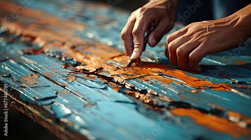 Man's hand painting a wooden floor removes the surface of the shabby old paint photo