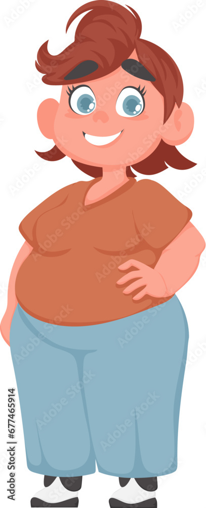 Fat woman posing and smiling. Cute overweight girl, body positivity theme. Cartoon style Fat woman posing and smiling. Cute overweight girl, body positivity theme. Cartoon style