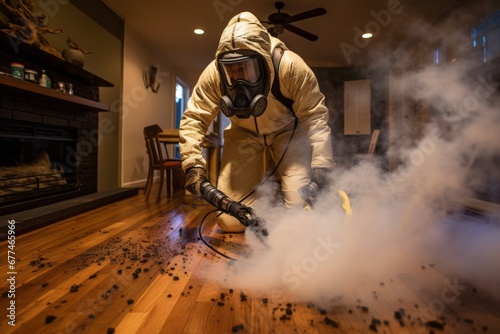 A disinfectant man against insects and bedbugs in a jumpsuit disinfects an apartment with a chemical substance and smoke. Wooden floor © Denis