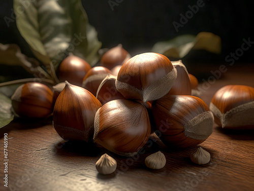 Hazelnuts isolated on dark background.