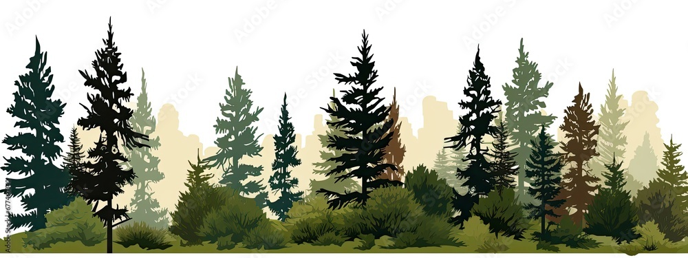 Pine Trees Silhouettes.Evergreen coniferous forest soil