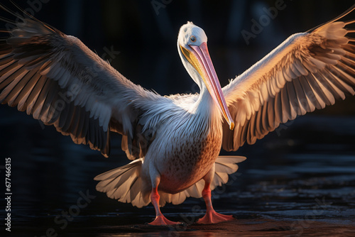 Witness the breathtaking scene of a magnificent pelican gliding across a placid body of water.