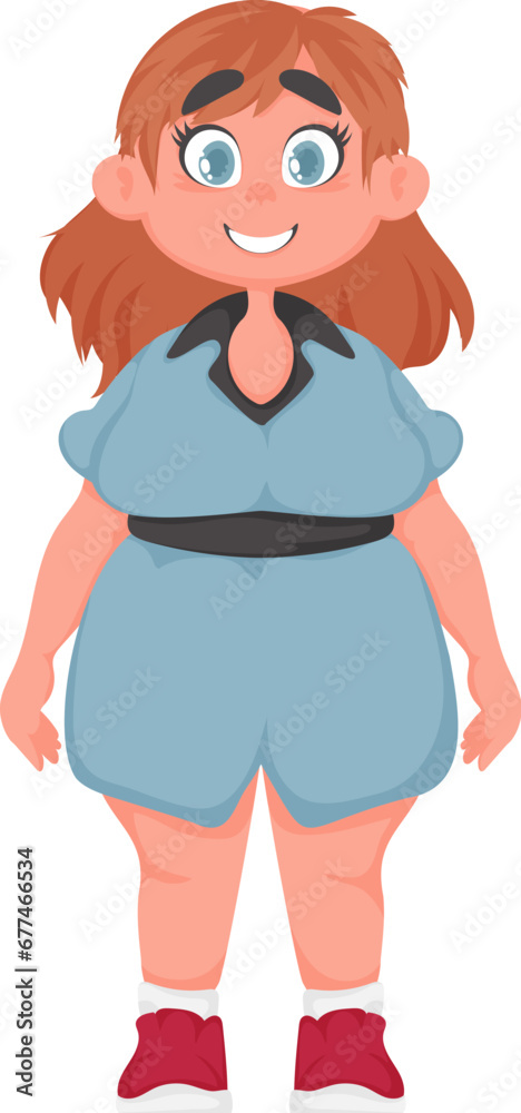 Fat woman posing and smiling. Cute overweight girl, body positivity theme. Cartoon style Fat woman posing and smiling. Cute overweight girl, body positivity theme. Cartoon style