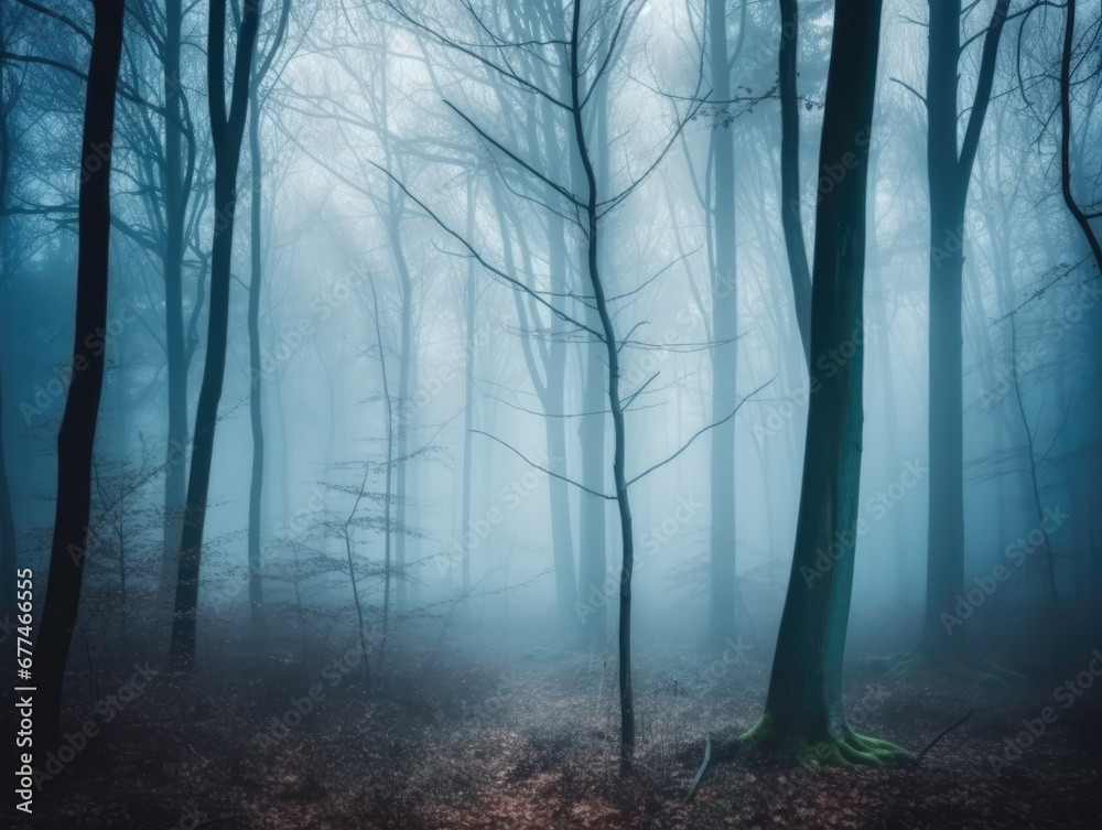Obraz premium Misty autumn forest in the morning. Forest Trees in fog. Mystic Forest. Foggy Nature Landscape