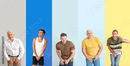 Collage of men with urological disease on color background. Prostate concept photo