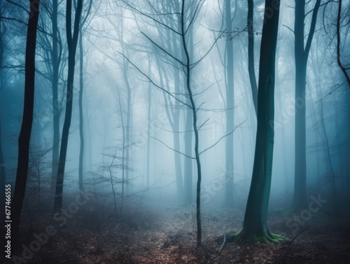 Misty autumn forest in the morning. Forest Trees in fog. Mystic Forest. Foggy Nature Landscape
