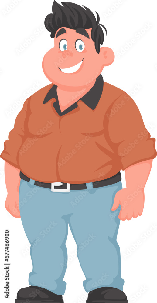 Fat man posing and smiling. Overweight guy is cute, body positivity theme. Cartoon style