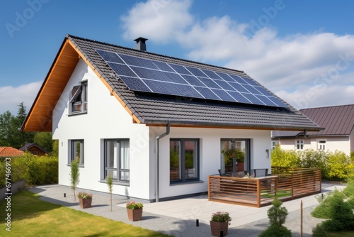 New suburban house with a photovoltaic system. Solar panel system on the roof. 