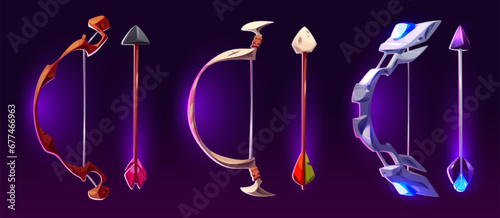 Archery bow and arrow with magical powers. Cartoon vector illustration set of game assets of fantastic wooden and stone shooting weapon with neon glowing decorative elements for rpg rank or level.