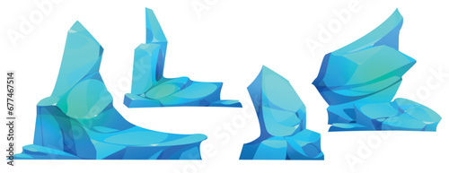 Ice blocks set isolated on white background. Vector cartoon illustration of blue iceberg pieces, north pole glacier, cold ocean floes, crystals of frozen water, winter game landscape design elements