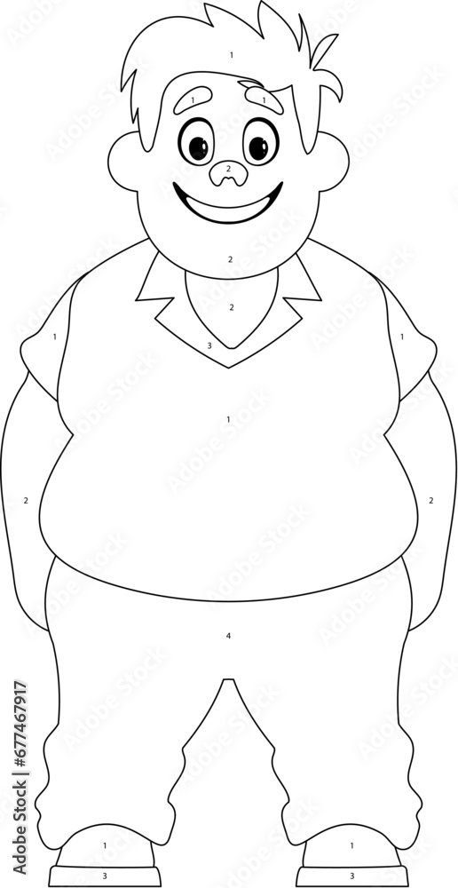 Fototapeta premium Black and white line art, Fat man posing and smiling. Overweight guy is cute, body positivity theme. Coloring style
