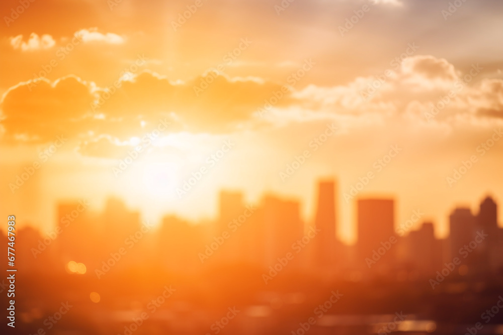 Landscape, urban, cityscape background. Hot summer sun illumination of urban city landscape. Yellow colored and blurred city scene during hot summer day. Abstract background with copy space