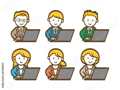パソコン操作をするビジネスマンのイラストセット